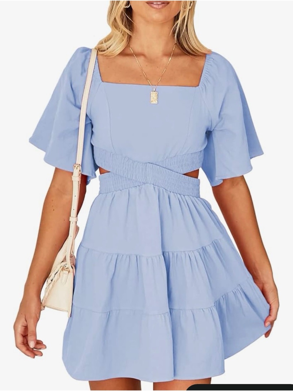 Amazon Light Blue Square-Neck Tiered Cutout Mini Dress